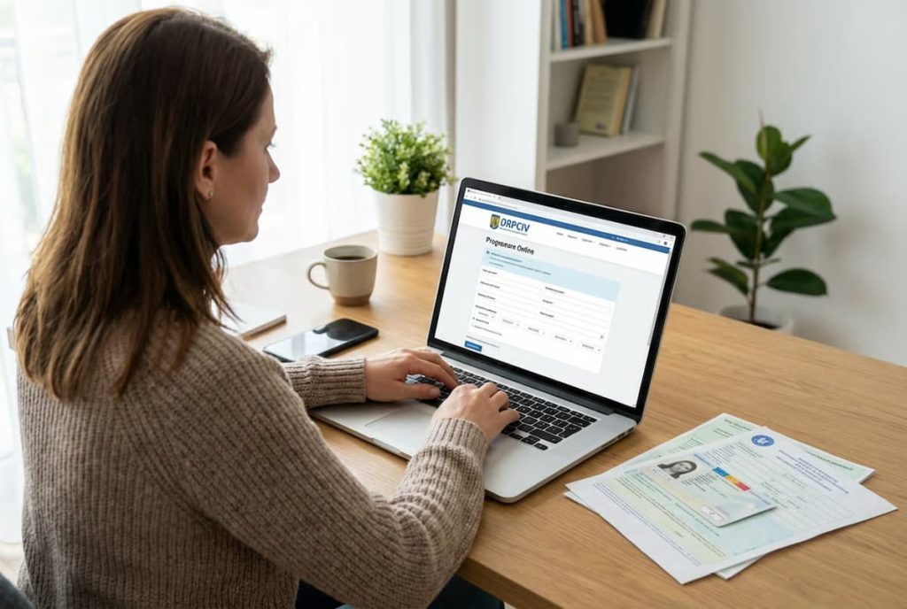 7 documente inmatriculare auto - o femeie acceseaza platforma online DRPCIV pentru programare la inmatriculare