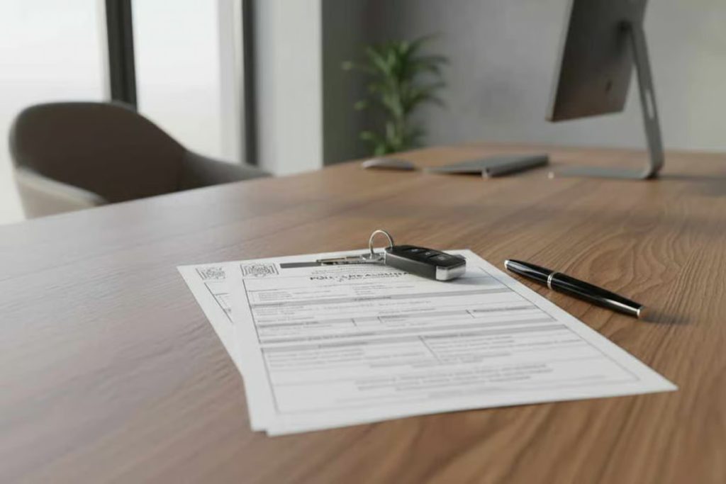 2 3 acte necesare numere rosii - documente pe un birou cu chei de la masina si un pix