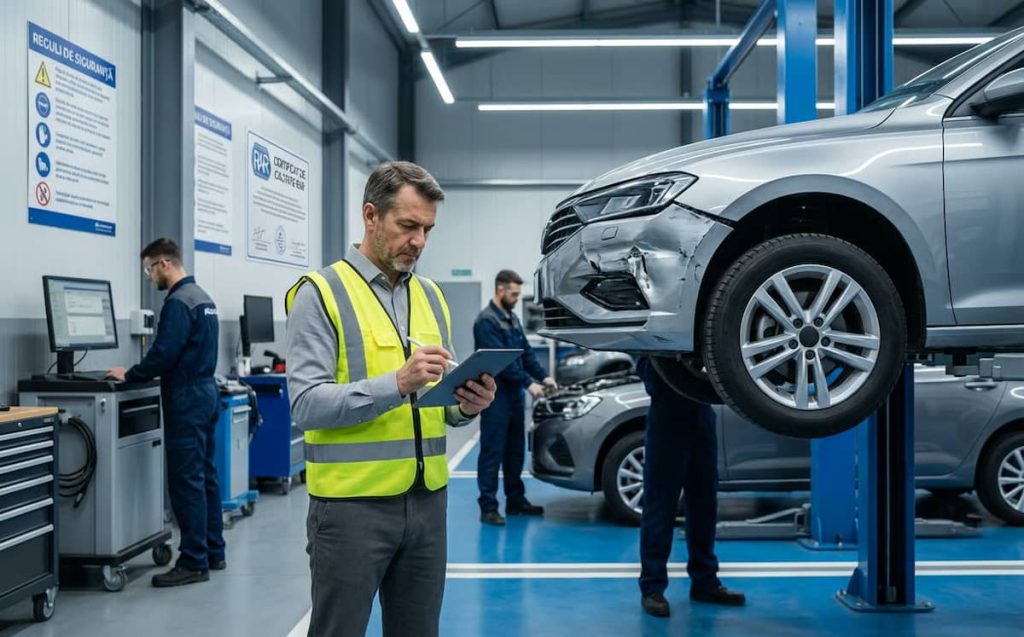 5 decontare directa RCA - Expert in asigurari evaluand daunele unui autovehicul intr-un service autorizat